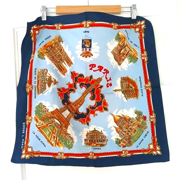 Paris Themed Silk Scarf Roger L. Paris Elegant Souvenir Paris Landmarks 20 x 20 - Picture 1 of 12